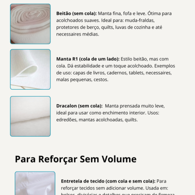 Amostras de mantas e entretelas para costura com descrições em português