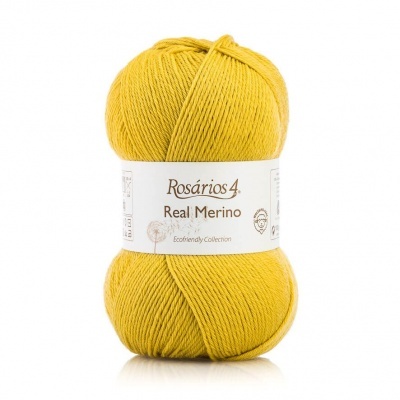 Novelo de lã amarelo mostarda Rosários4 Real Merino com rótulo branco