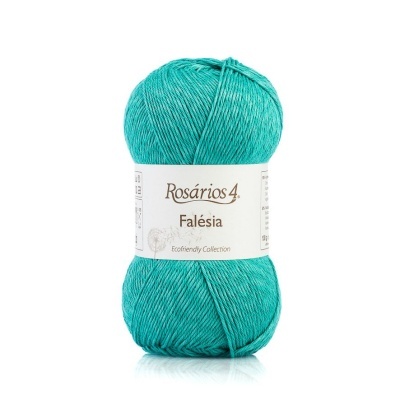 Novelo de fio azul-turquesa com etiqueta branca e texto informativo