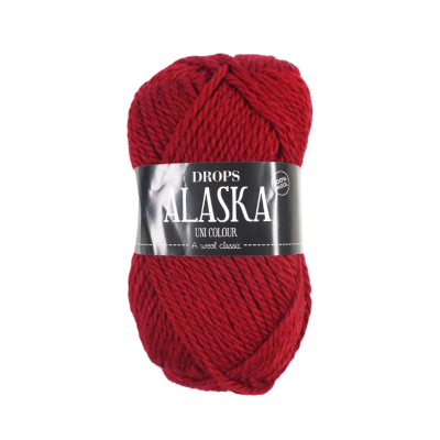 Novelo de lã grosso vermelho DROPS ALASKA com embalagem preta e texto branco