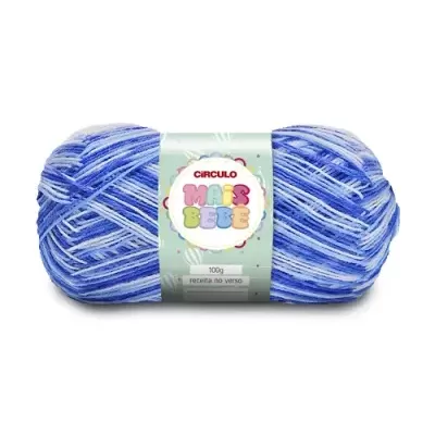 Novelo de lã multicolor azul, branco e lilás da marca Círculo com etiqueta