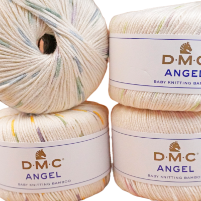 Novelos de lã creme com pontos coloridos e etiquetas D.M.C ANGEL BABY KNITTING BAMBOO