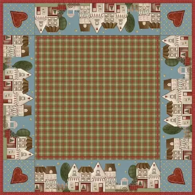 lenço quadrado com padrão xadrez e casas desenhadas na borda e corações nos cantos