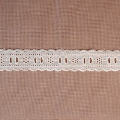 Fita de renda branca com padrão floral sobre fundo rosa