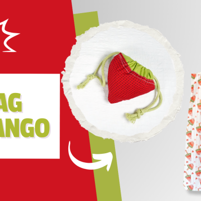 Ecobag estampada com morangos vermelhos e verdes e bolsa em forma de morango