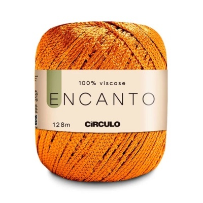 Novelo de fio 100% viscose laranja e preto com rótulo CÍRCULO ENCANTO