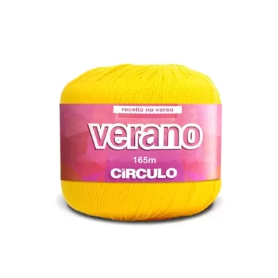 Rolo de fio amarelo da marca Círculo com etiqueta rosa