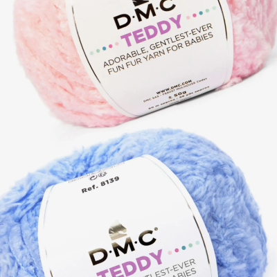 Novelos de lã felpuda DMC TEDDY rosa e azul para bebés com etiquetas brancas