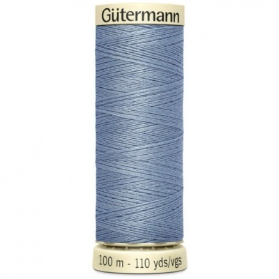 Spool de linha de costura azul claro da marca Gütermann com etiqueta e medidas.