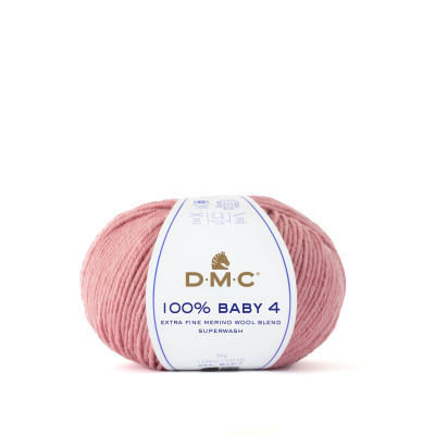 Novelo de lã cor-de-rosa claro DMC com etiqueta branca e texto