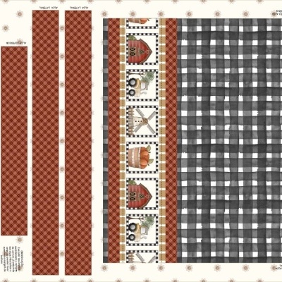 Painel de tecido para avental e luva com desenhos de celeiro, moinho e animais da quinta.