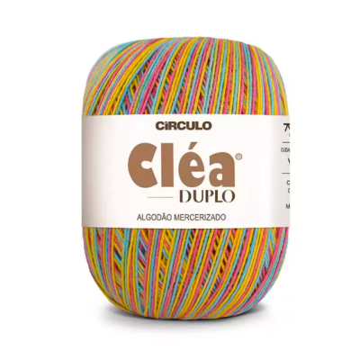 Novelo de fio multicolorido Cléa Duplo de algodão mercerizado com rótulo branco.