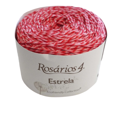 Novelo de fio vermelho e branco Rosários 4 Estrela em embalagem branca