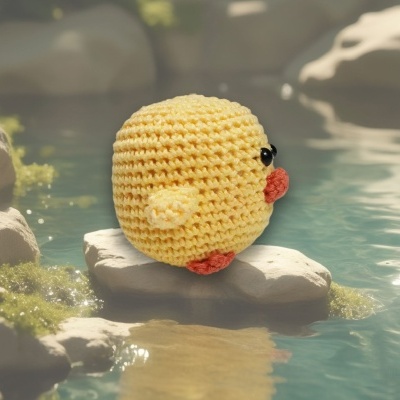 Brinquedo em croché amarelo estilo pato numa pedra à beira de uma piscina