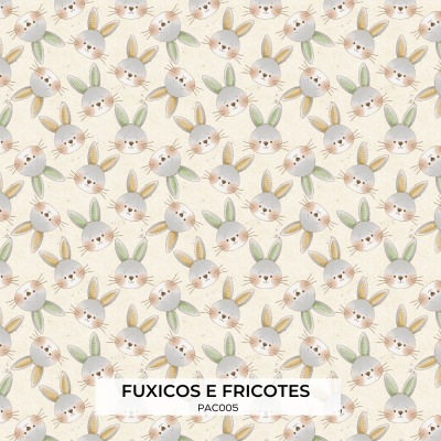 Padrão de coelhos em tecido bege com etiqueta texto