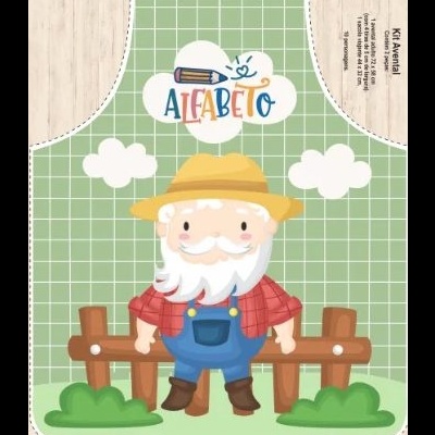 Avental verde quadriculado com ilustração de velho e texto ALFABETO