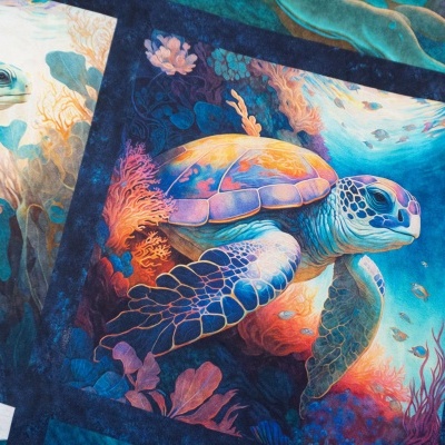 Tecido estampado com tartarugas marinhas coloridas em ambiente subaquático