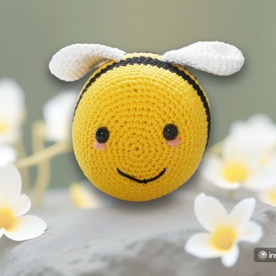 Boneco de abelha de crochê em amarelo com detalhes pretos e flores brancas ao fundo