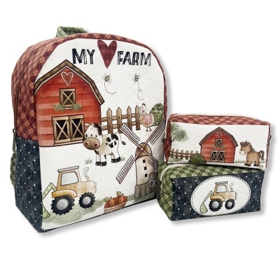 Mochila e estojos com design campestre e tema de quinta