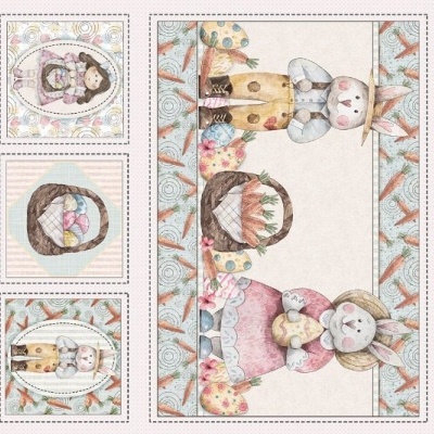 Painéis têxteis com estampas de bonecas em tons pastel e padrões florais