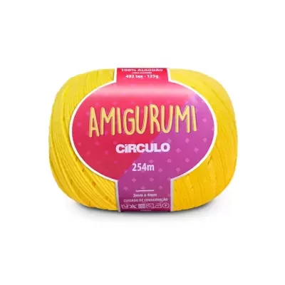 Novelo de fio amarelo Amigurumi Circulo com etiqueta rosa e púrpura