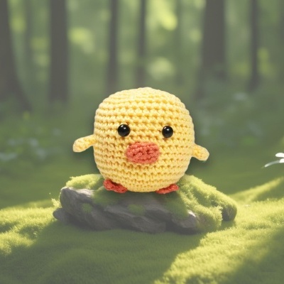 Boneco de crochê amarelo pintainho num cenário natural verde