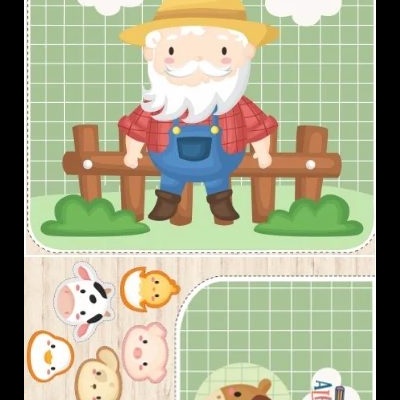 Estampa de tecido com velho desenho cartoon, animais e texto ALFABETO em fundo quadriculado verde.