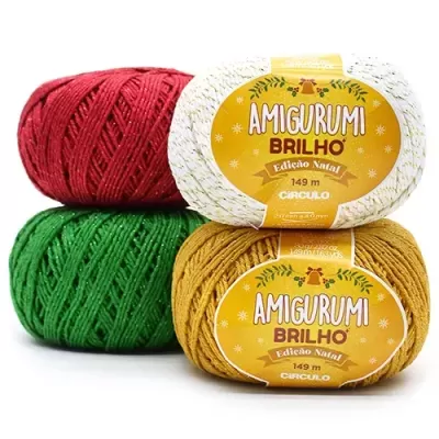 Conjunto quatro novelos de fio Amigurumi Brilho cores vermelho, branco, verde e amarelo com etiqueta amarela