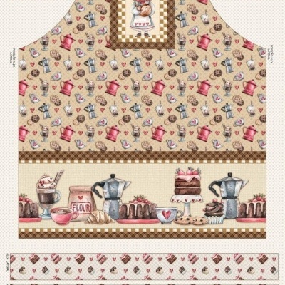 Pano estampado para avental com desenho de doceira e bolos em tons castanho, rosa, bege e xadrez