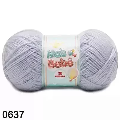 Novelo de lã cinzenta clara com etiqueta 'Mais Bebê' e número 0637.