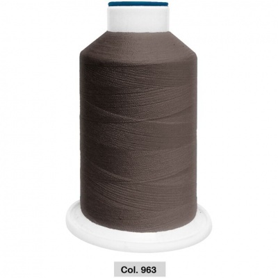 Bobina de linha castanha escura com base branca e etiqueta Col. 963