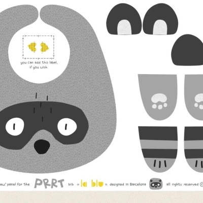 Partes recortadas para montar um macaco de pelúcia cinza com máscara preta e detalhes em preto e branco