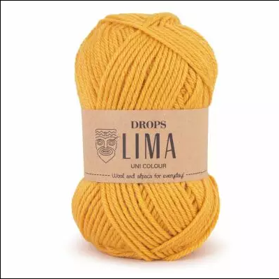 Novelo de lã amarela mostarda DROPS LIMA com etiqueta castanha