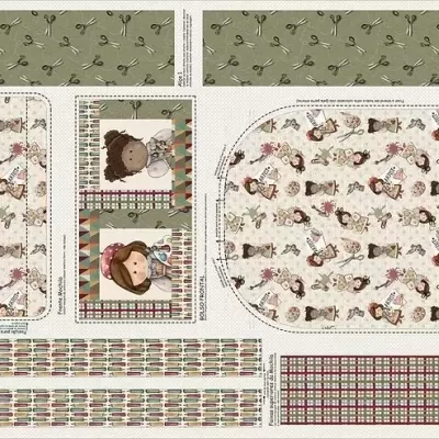 Folha com diversos recortes com desenhos de bonecas e padrões xadrez em bege, castanho e vermelho.