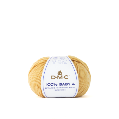 Novelo de lã amarela com etiqueta DMC 100% BABY 4.