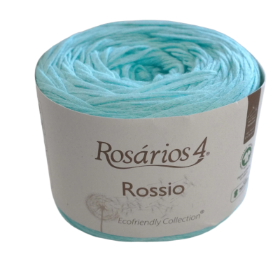 Rolo de fio azul claro e branco Rosários 4 Rossio com embalagem branca
