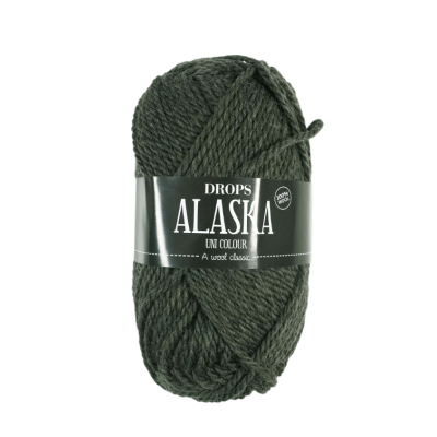 Novelo de lã verde escuro DROPS ALASKA com etiqueta preta e branca