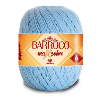 Novelo de fio azul claro Barroco Max Color com rótulo amarelo laranja
