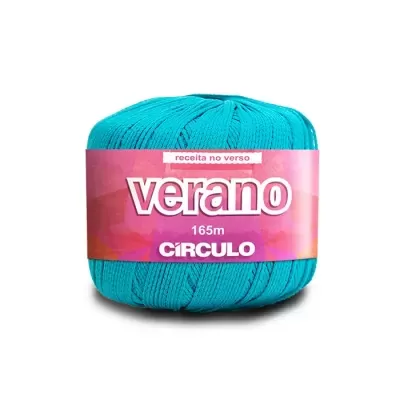 Novelo de fio azul turquesa com rótulo rosa Verano
