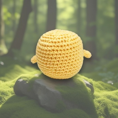 Estatueta amigurumi amarelo de croché sobre pedra com musgo numa floresta