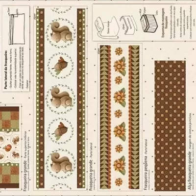 Folha de papel para corte de caixas decorativas com padrões florais e bonecas