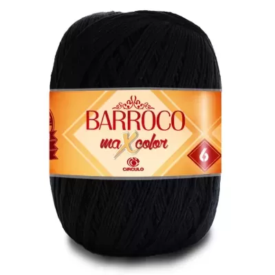 Novelo de fio preto da marca BARROCO com etiqueta laranja