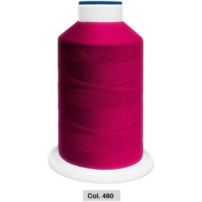 Rolo grande de linha cor magenta com base e topo brancos