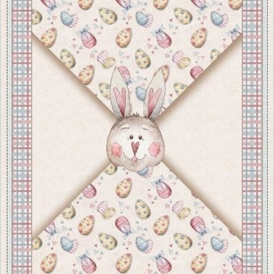 Pano de cozinha com padrão de Páscoa com ovos coloridos, coelhos e cestos de vime em tons pastel