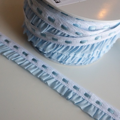 Fita decorativa azul clara plissada com bordas brancas e costura azul
