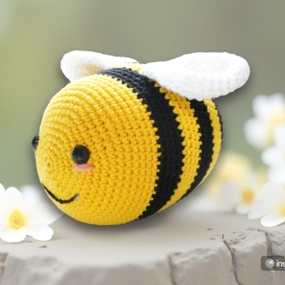 Pelúcia artesanal em forma de abelha amarela e preta com asas brancas pose sobre tronco com flores