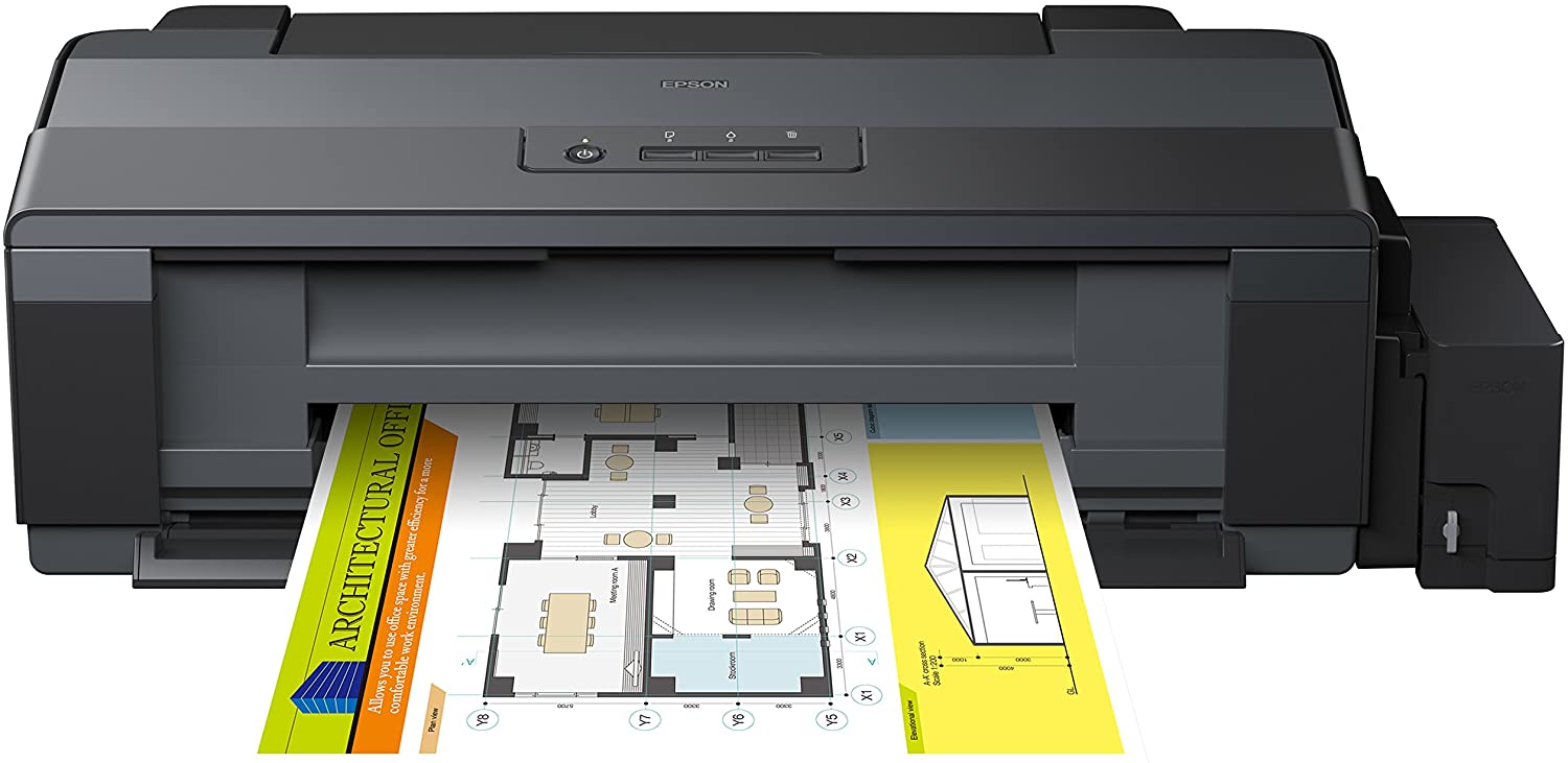 Impressora Epson preta a imprimir plano arquitetónico colorido