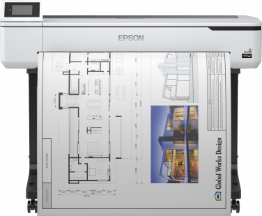 Impressora Epson branca a imprimir projeto arquitetónico com texto Global Works Design
