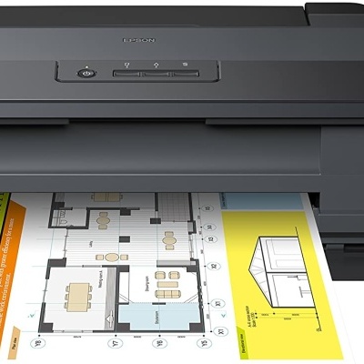 Impressora Epson preta a imprimir plano arquitetónico colorido
