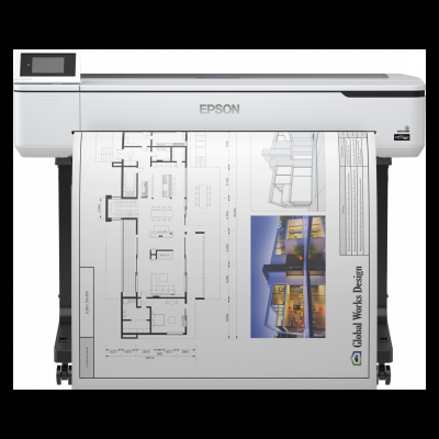 Impressora Epson branca a imprimir projeto arquitetónico com texto Global Works Design